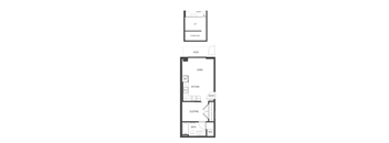 A floor plan of a one bedroom apartment with a living room, kitchen and sleeping area.