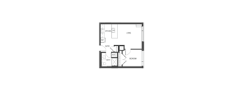 A floor plan of a living space with a kitchen, bathroom, and bedroom.