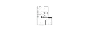 A black and white floor plan of a house with a living room, dining room, kitchen, bathroom, and bedroom.