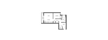 A black and white floor plan of a house with a living room, kitchen, dining room, bedroom, bathroom, and entry way.