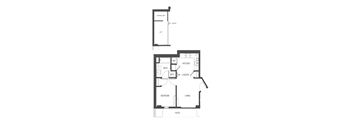 A floor plan of a house with a living room, kitchen, bathroom, bedroom, and patio.