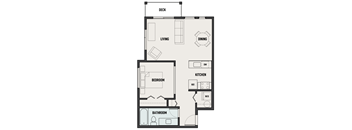 a floor plan of a small room with a bathroom and a bedroom