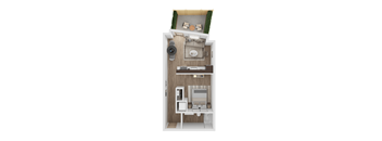 a floor plan of a studio apartment with a bedroom and a living room