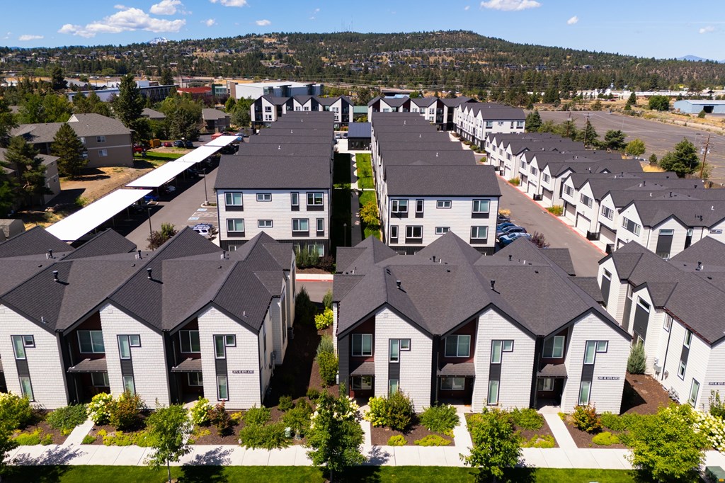 A row of houses with a mountain in the background.