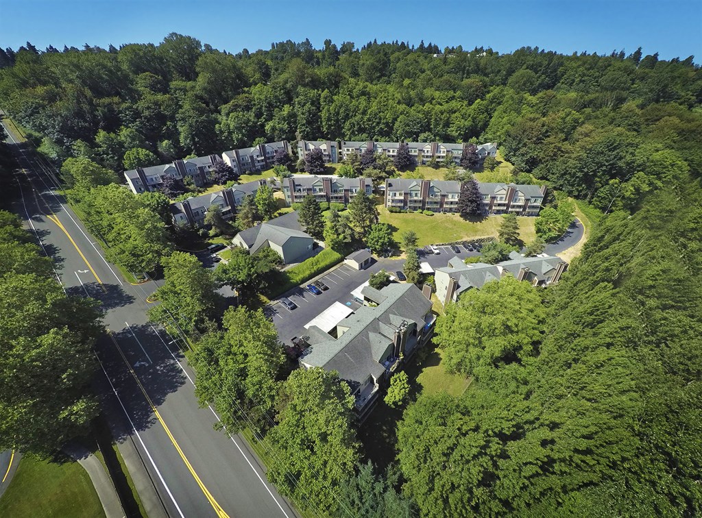 a aerial view of a neighborhood with houses and trees