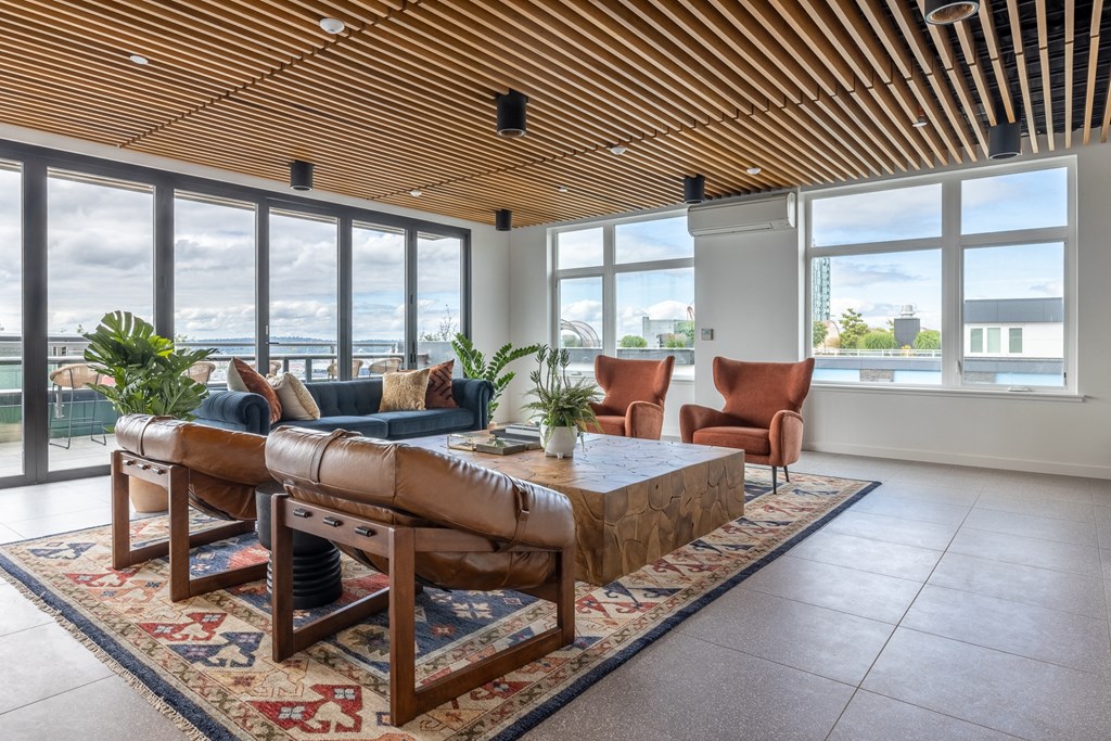 a living room with a couch and a table