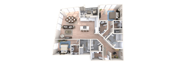 A 3D floor plan of a house with a living room, kitchen, dining room, and bedrooms.