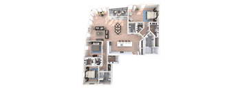 A 3D floor plan of a house with multiple rooms and furniture.