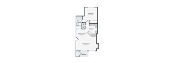A floor plan of a house with a living room, dining room, kitchen, bedroom and bathroom.