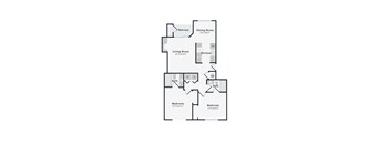 A floor plan of a house with a balcony, two bathrooms, two bedrooms, a living room, a dining room, and a kitchen.