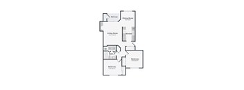A floor plan of a house with a living room, dining room, kitchen, two bathrooms, and two bedrooms.