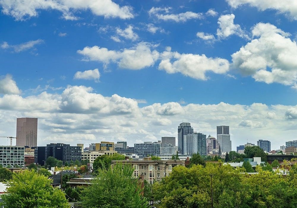 a view of the city skyline with clouds and trees
