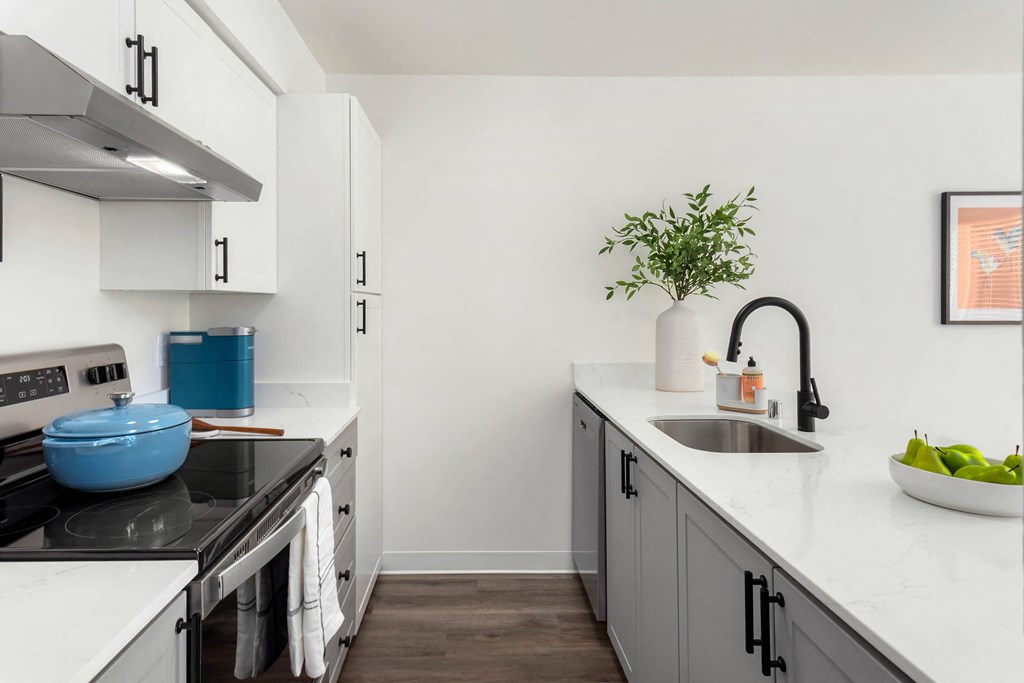 a kitchen with white cabinets and a black stove and a sink