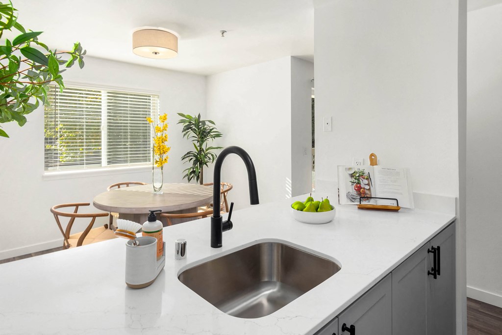 a kitchen with a sink and a table with a window