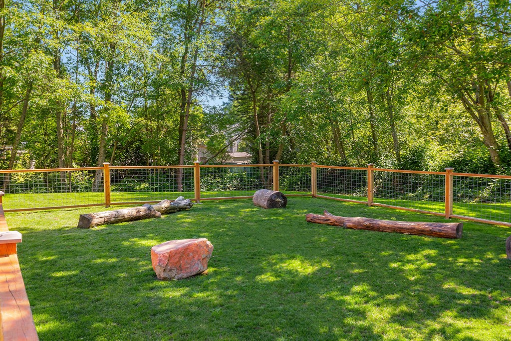 the backyard is fenced in with trees and rocks