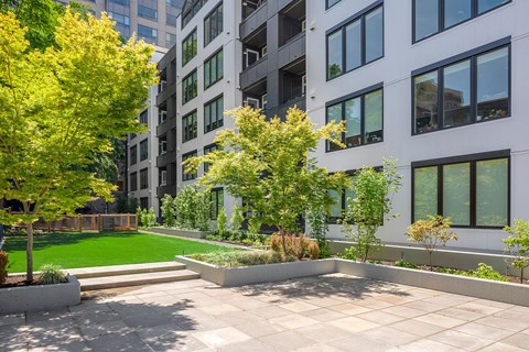 the courtyard of an apartment building with grass and trees