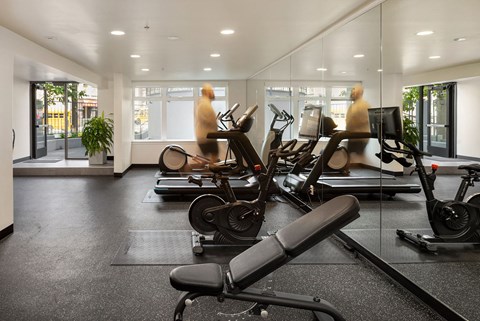a gym with weights and cardio equipment in a building