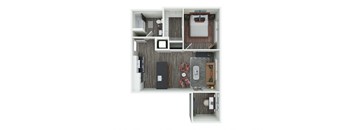 a stylized floor plan with a bedroom and a living room