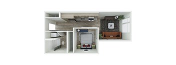 a stylized floor plan with a bedroom and a living room