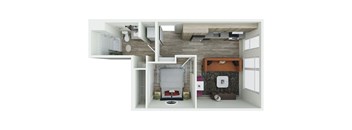 a stylized floor plan with a bedroom and a living room
