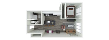 a rendering of a 1 bedroom floor plan with a bathroom and a living room
