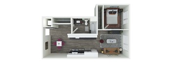 a stylized floor plan with a bedroom and a living room