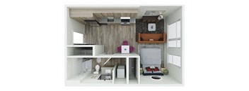 a 3d rendering of a bedroom with a living room