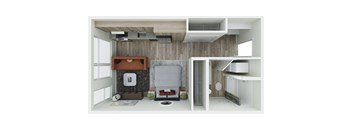 a rendering of a bedroom with a living room and a kitchen