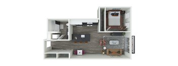 a stylized floor plan with a bedroom and a living room