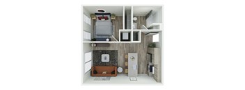 a stylized floor plan with a bedroom and a living room