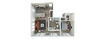 a 3d rendering of the 1 bedroom floor plan with a bathroom and living room