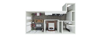 a stylized floor plan with a bedroom and a living room