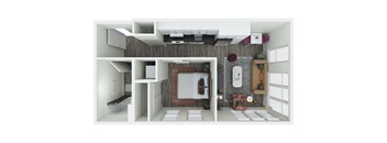 a 3d rendering of a bedroom with a bathroom and a living room