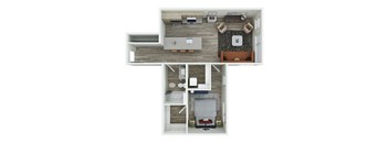 a stylized floor plan with a bedroom and a living room