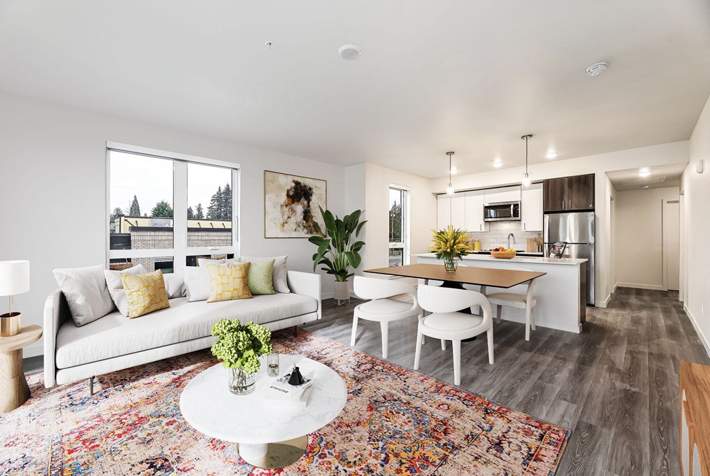 a living room with a couch and a table
