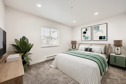 A bedroom with a large bed, a television, and a plant.