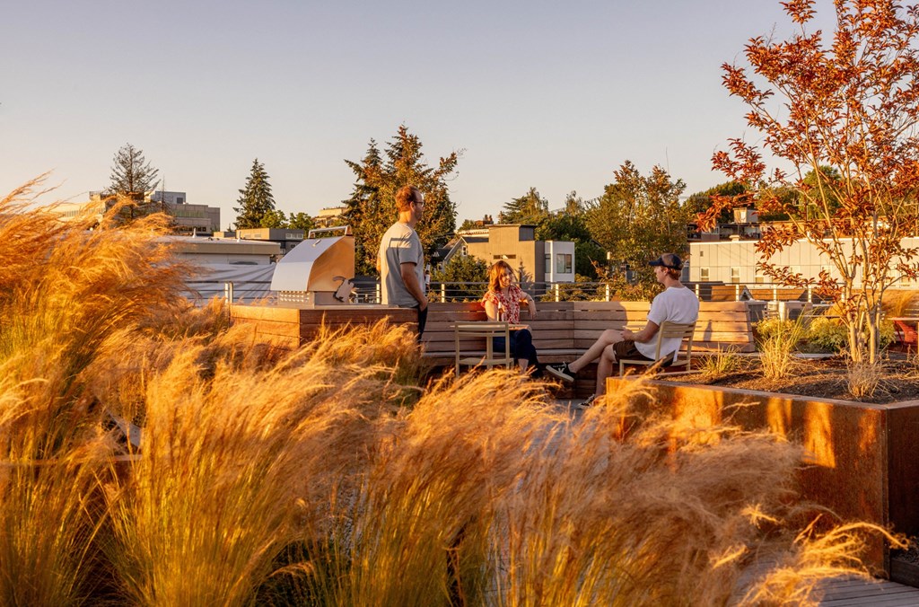 a group of people sitting on benches on a roof garden