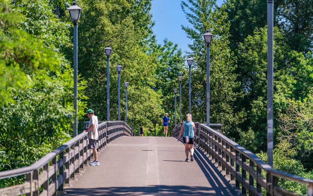 a couple of people walking on a bridge