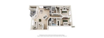 A 3D floor plan of a small apartment with a kitchen, living room, and bedroom.