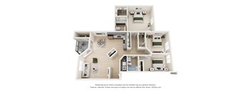 A 3D floor plan of a house with a kitchen, living room, and two bedrooms.