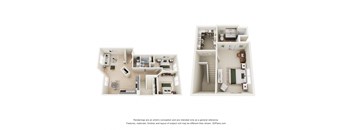 A 3D floor plan of a house with two bedrooms, a living room, a kitchen, and a bathroom.
