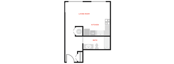 a floor plan of a living room with a kitchen and a bathroom