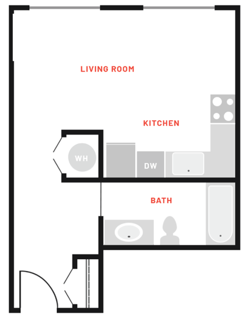 a floor plan of a living room with a kitchen and a bathroom