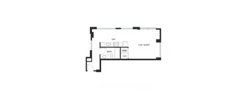 A floor plan of a small apartment with a bathroom, a kitchen, and a living room.