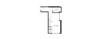 A floor plan of a small apartment with a bathroom, a living area, and a kitchen.