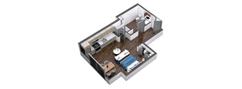 A 3D image of a small apartment with a bedroom, living room, and bathroom.