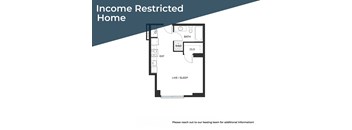 A floor plan of an income restricted home with a living room, kitchen, bath, and closet.