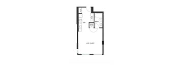 A floor plan of a small apartment with a living area, kitchen, and bathroom.