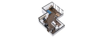 A 3D image of a small apartment with a bedroom, living room, and kitchen.