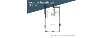 A floor plan of an income restricted home with a living room, kitchen, bathroom, and bedrooms.
